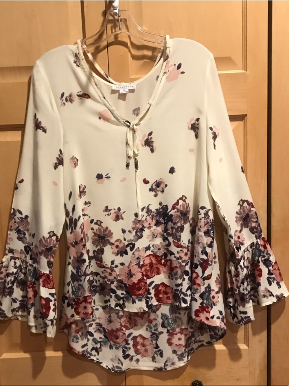 New Loveriche Cream Floral Tie-Neck Ruffle Sleeve Blouse